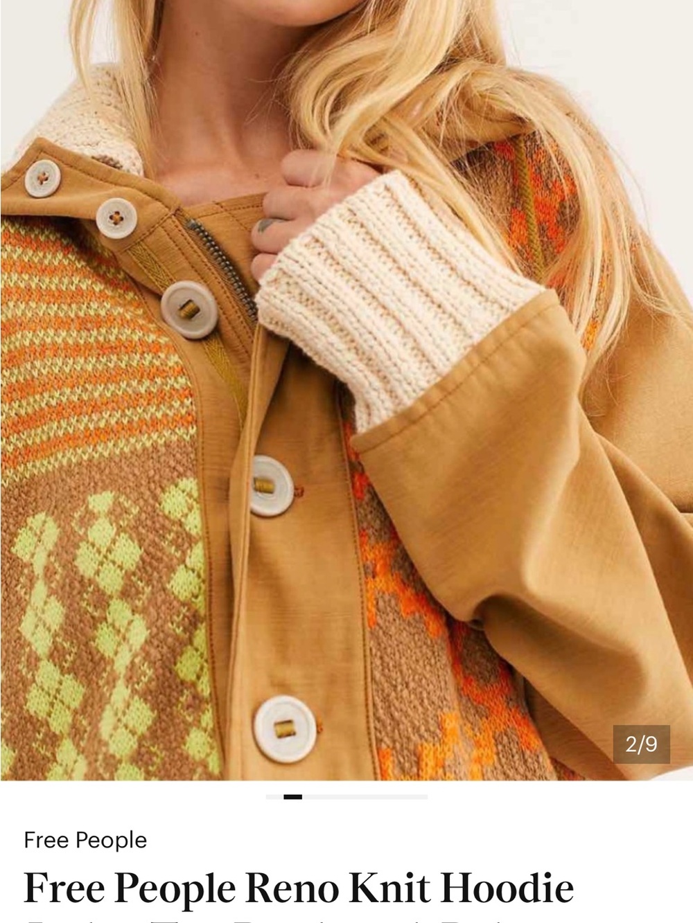 Free People Reno Knit Jacket Tan Crochet Hooded Zip Button Front Small